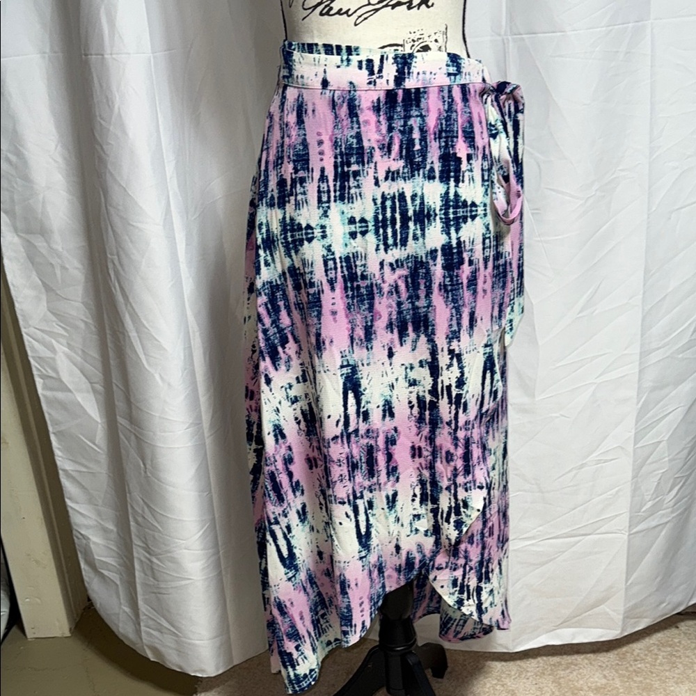 Living Doll Pink and Blue Wrap Midi Skirt Resort Wear